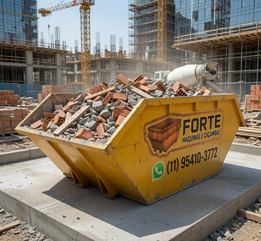 Caçambas em obra comercial de grande porte