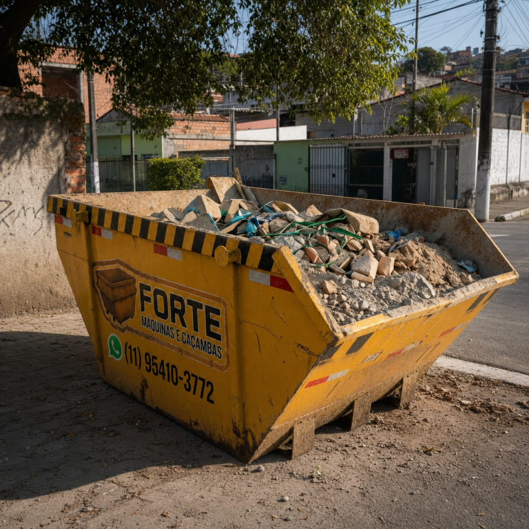 Caçamba cheia de entulho de reforma